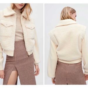 Maje French Faux Fur Bomber Jacket Gold buttons Ecru Size 36 Medium